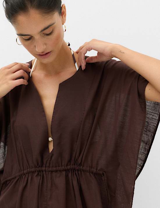 Pure Cotton Tie Detail Mini Kaftan Dress