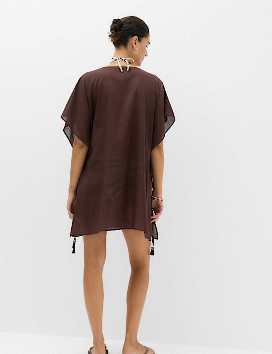 Pure Cotton Tie Detail Mini Kaftan Dress