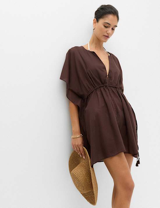 Pure Cotton Tie Detail Mini Kaftan Dress