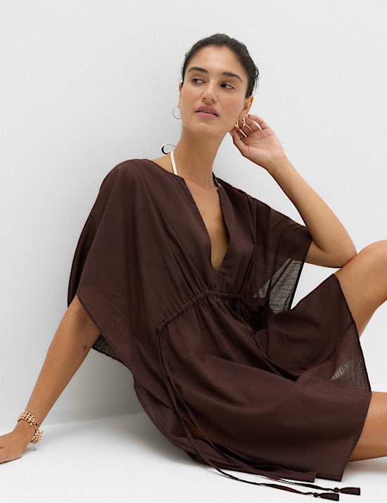 Pure Cotton Tie Detail Mini Kaftan Dress