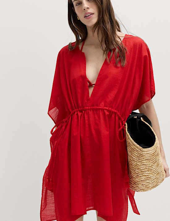 Pure Cotton Tie Detail Mini Kaftan Dress