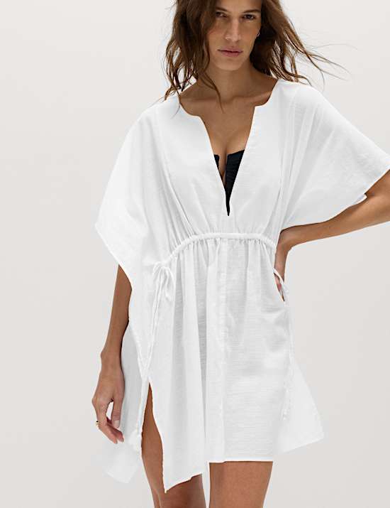 Pure Cotton Tie Detail Mini Kaftan Dress