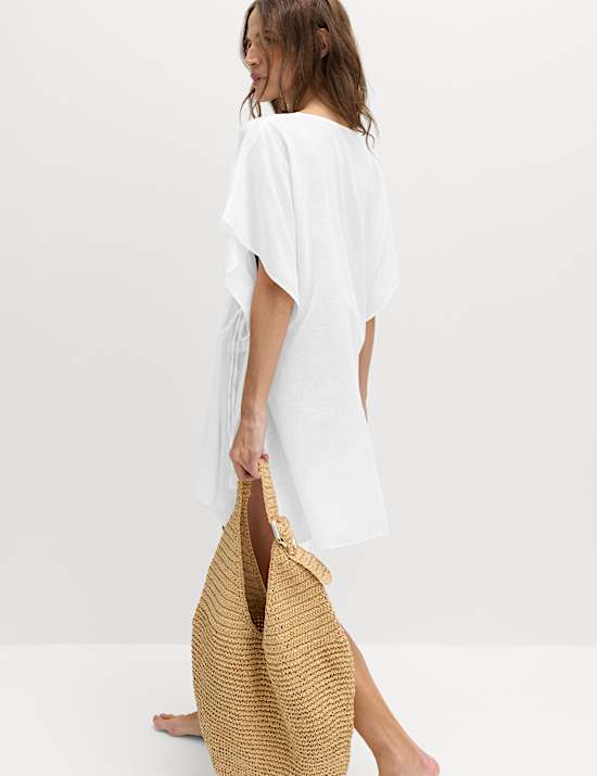 Pure Cotton Tie Detail Mini Kaftan Dress