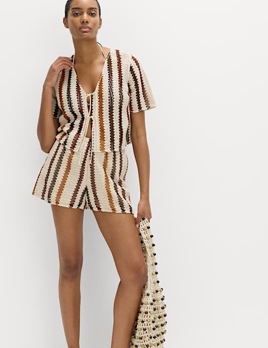 Cotton Rich Crochet Look Tie Front Beach Top