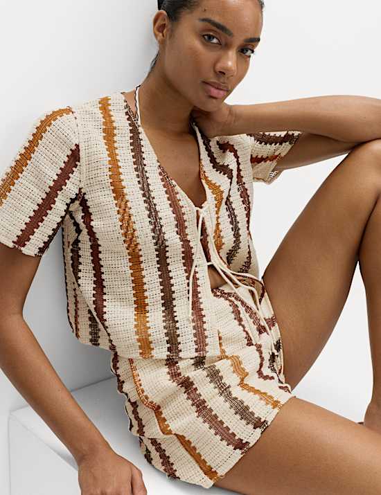 Cotton Rich Crochet Look Tie Front Beach Top