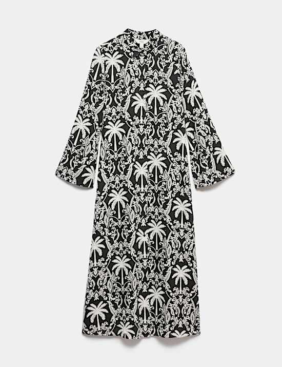 Linen Lyocell Blend Printed Midi Shirt Dress