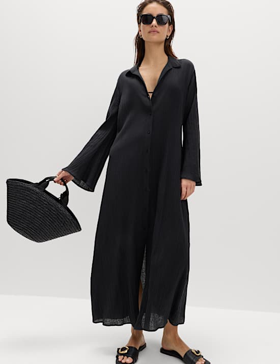 Katoenrijke midi-overhemdjurk met linnen