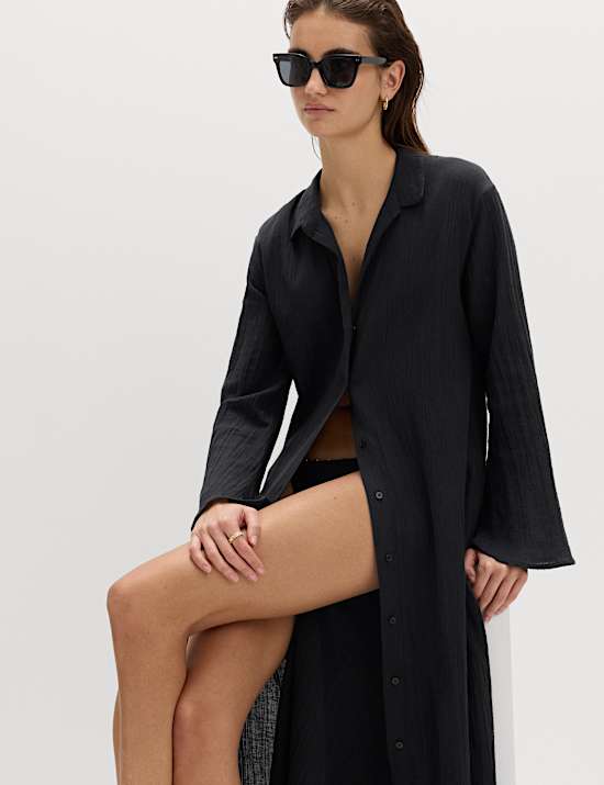Vestido camisero de algod&oacute;n y lino a media pierna