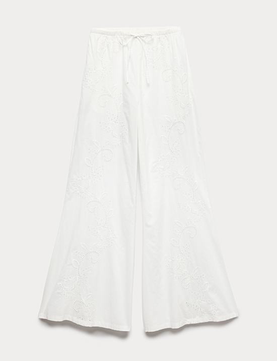 Pantalon de plage 100 % coton textur&eacute; &agrave; broderie