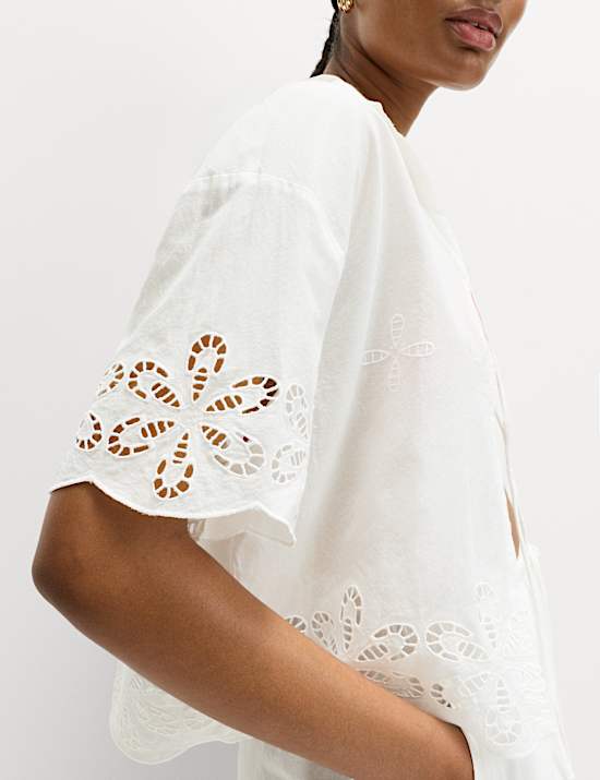 Pure Cotton Broderie Tie Front Beach Shirt