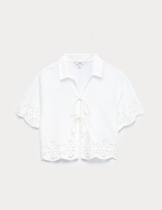 Chemise de plage 100 % coton avec broderie &agrave; nouer sur le devant