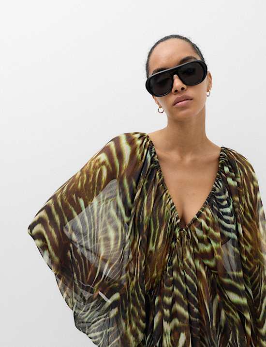 Animal Print Balloon Sleeve Mini Beach Dress