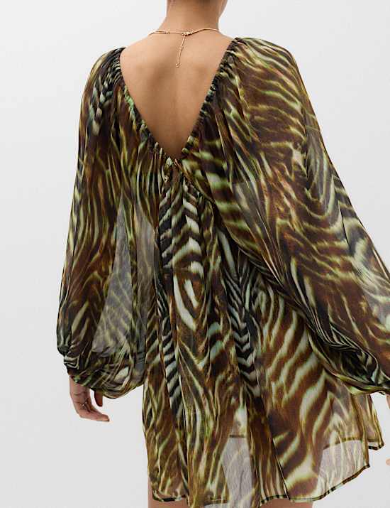 Animal Print Balloon Sleeve Mini Beach Dress