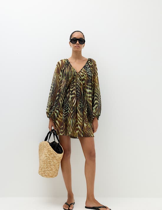 Animal Print Balloon Sleeve Mini Beach Dress