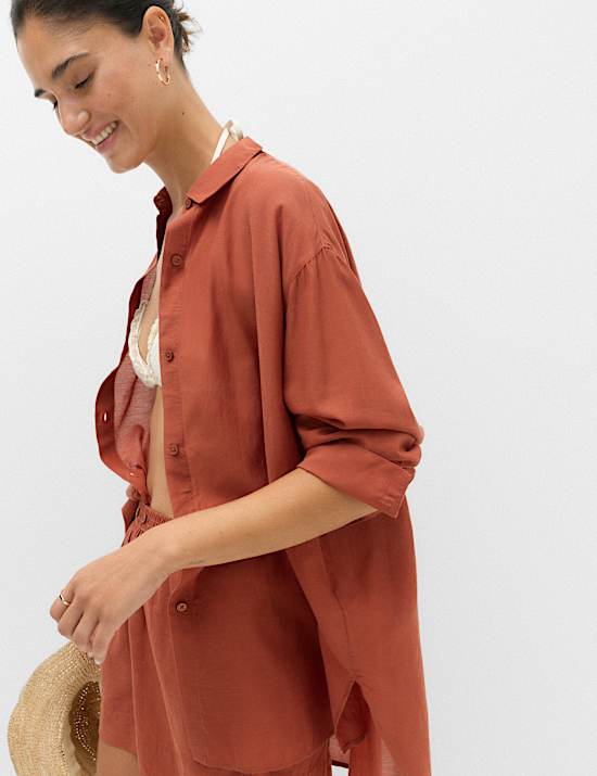 Cotton Rich Collared Beach Cover Up Shirt
