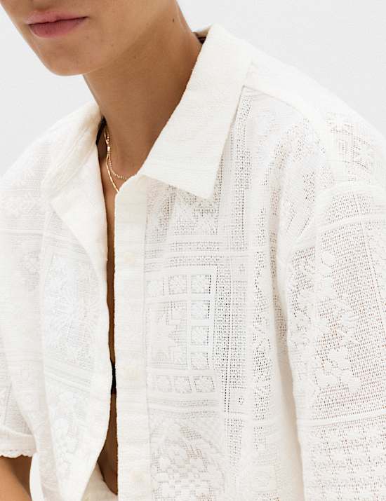 Cotton Rich Textured Collared Beach Cover Up Shirt