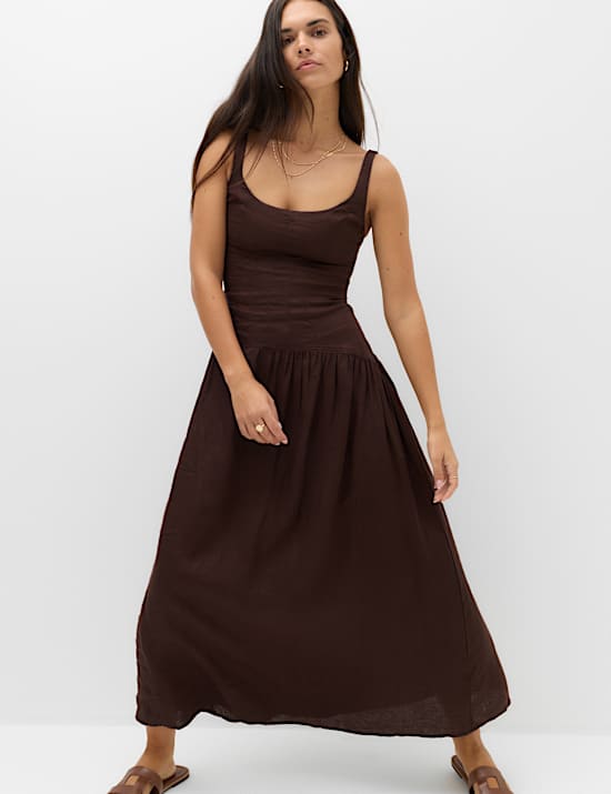 Pure Linen Scoop Neck Waisted Midaxi Dress