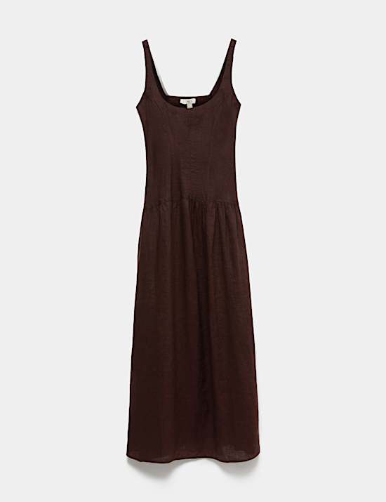 Pure Linen Scoop Neck Waisted Midaxi Dress