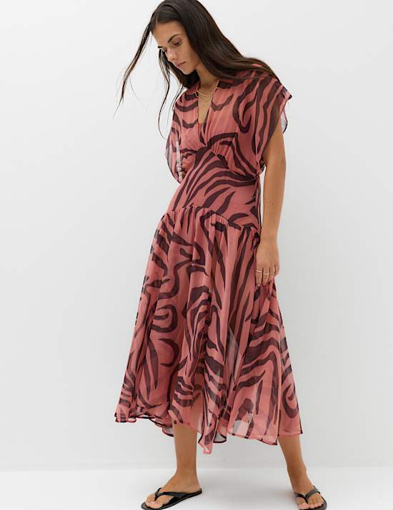 Sheer Animal Print V Neck Midi Beach Dress