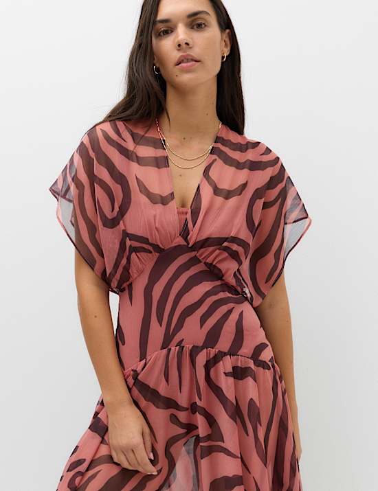 Sheer Animal Print V Neck Midi Beach Dress