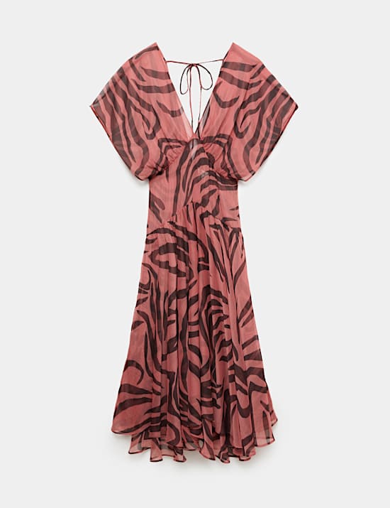 Sheer Animal Print V Neck Midi Beach Dress