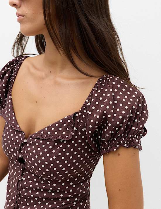 Linen Rich Polka Dot Square Neck Top