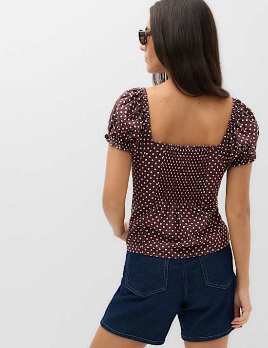 Linen Rich Polka Dot Square Neck Top