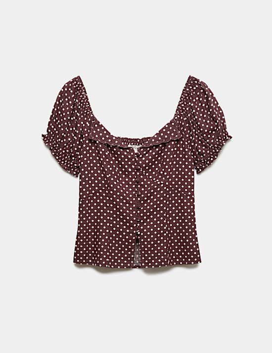 Linen Rich Polka Dot Square Neck Top