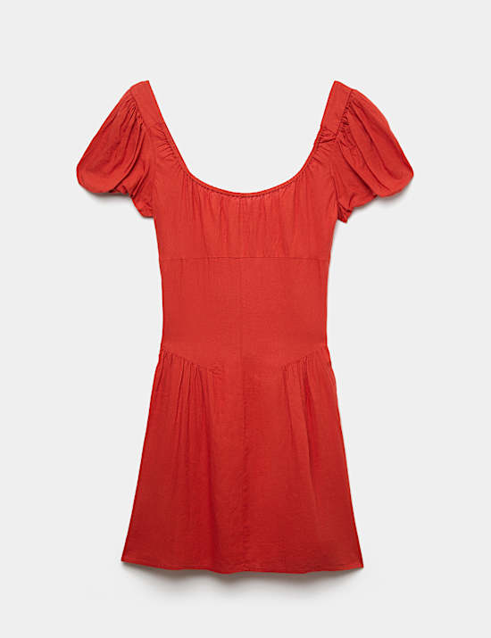Linen Blend Square Neck Puff Sleeve Mini Dress