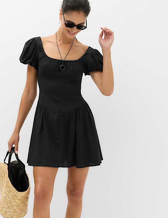 Linen Blend Square Neck Puff Sleeve Mini Dress