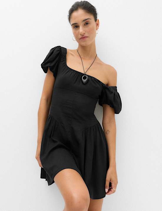 Linen Blend Square Neck Puff Sleeve Mini Dress