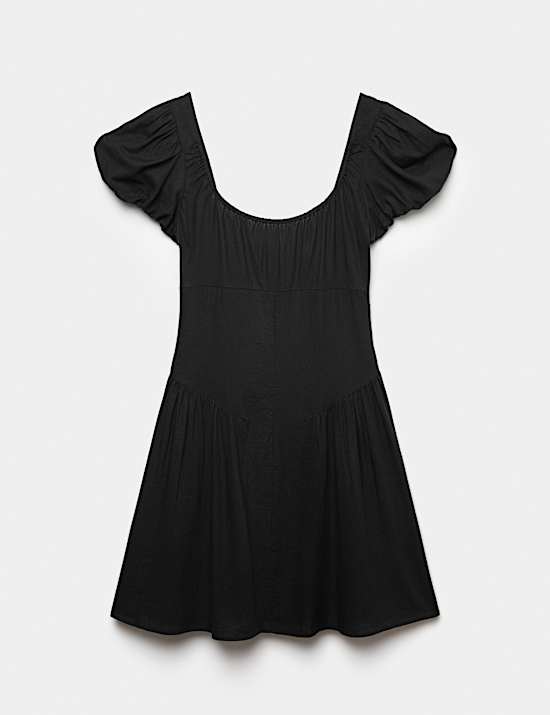 Linen Blend Square Neck Puff Sleeve Mini Dress