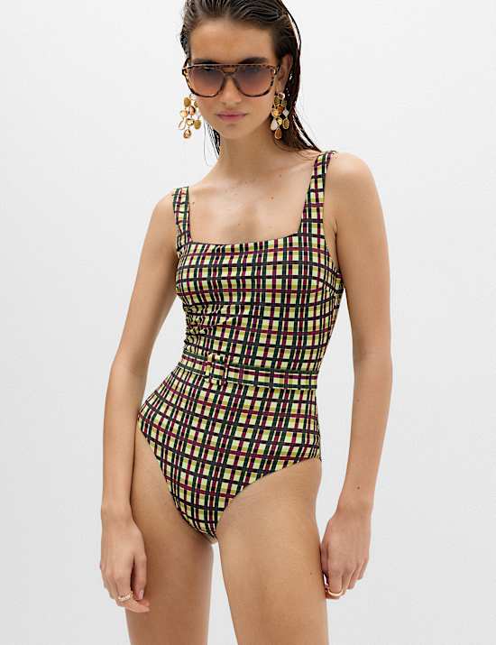 Printed Padded Belted Square Neck Swimsuit