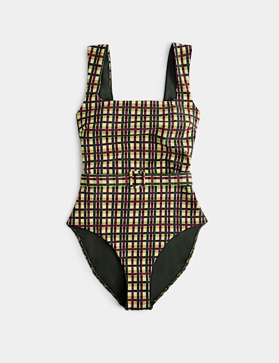 Printed Padded Belted Square Neck Swimsuit