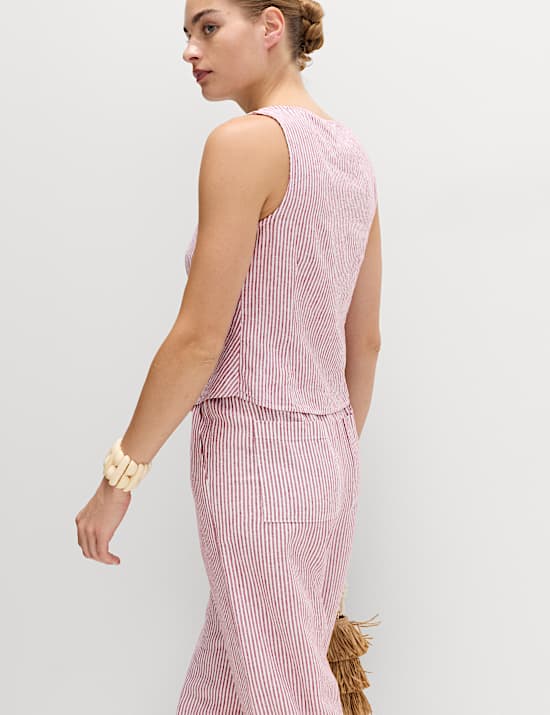 Gestreiftes Oberteil mit hohem Leinenanteil und durchgehender Knopfleiste