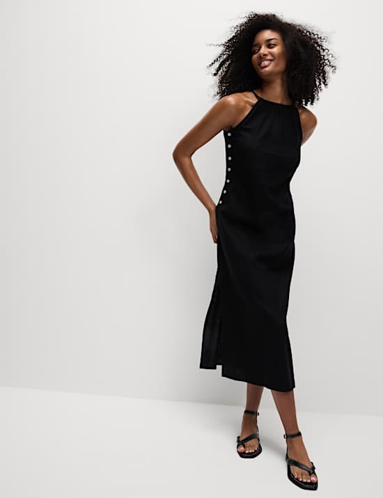 Robe midi en lin &agrave; bretelles et d&eacute;tail boutons