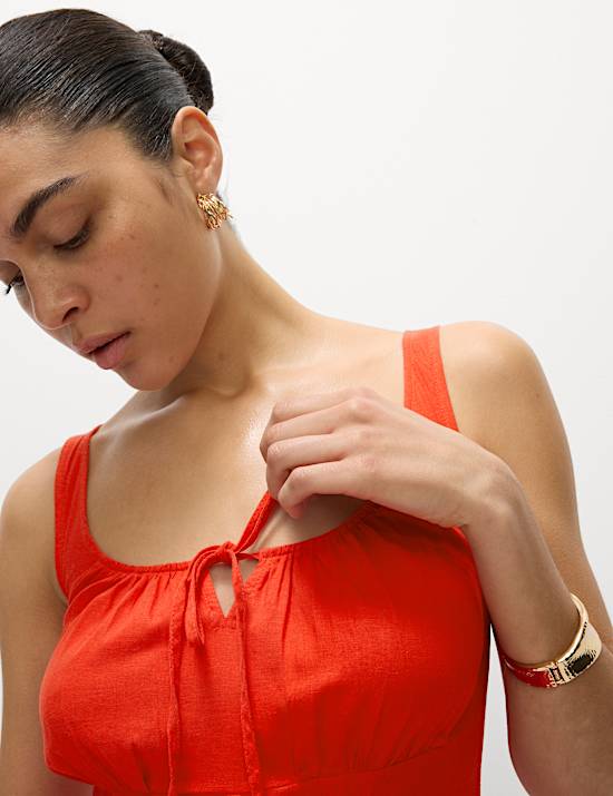 Linen Rich Round Neck Strappy Midi Swing Dress