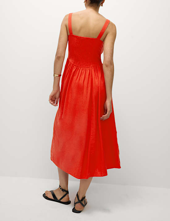 Linen Rich Round Neck Strappy Midi Swing Dress