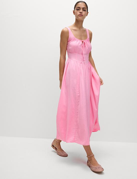 Linen Rich Round Neck Strappy Midi Swing Dress