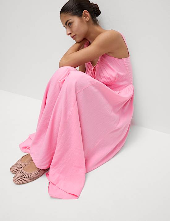 Linen Rich Round Neck Strappy Midi Swing Dress