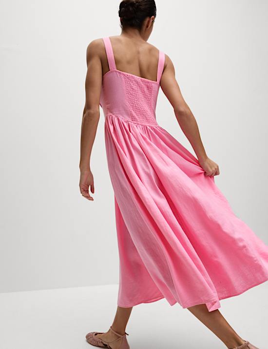 Linen Rich Round Neck Strappy Midi Swing Dress