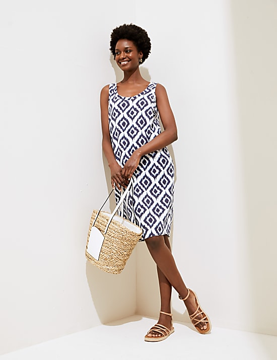 Linen Blend Printed Scoop Neck Shift Dress