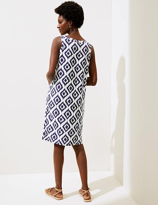 Linen Blend Printed Scoop Neck Shift Dress