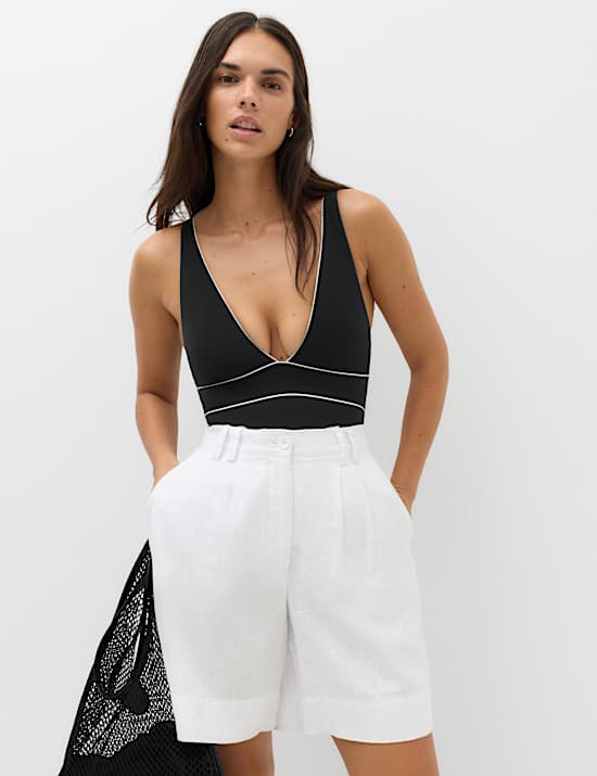 Firm Control Padded Piping Plunge Swimsuit