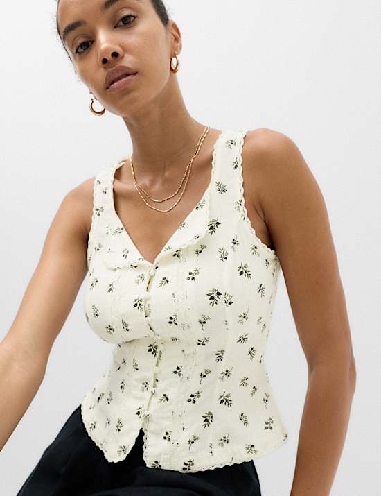 Linen Rich Floral Lace Insert Top