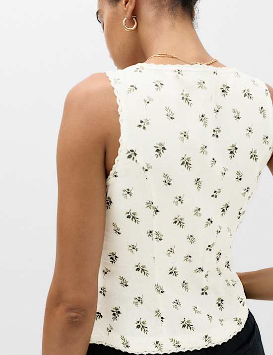 Linen Rich Floral Lace Insert Top