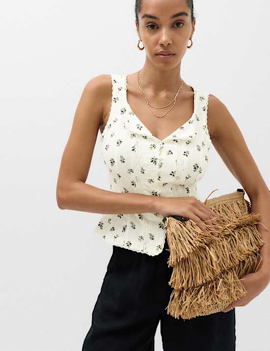 Linen Rich Floral Lace Insert Top
