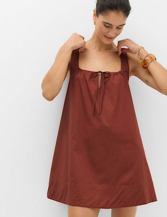 Pure Cotton Tie Front Mini Swing Beach Dress