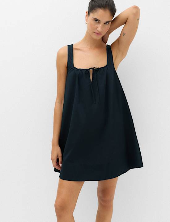 Pure Cotton Tie Front Mini Swing Beach Dress