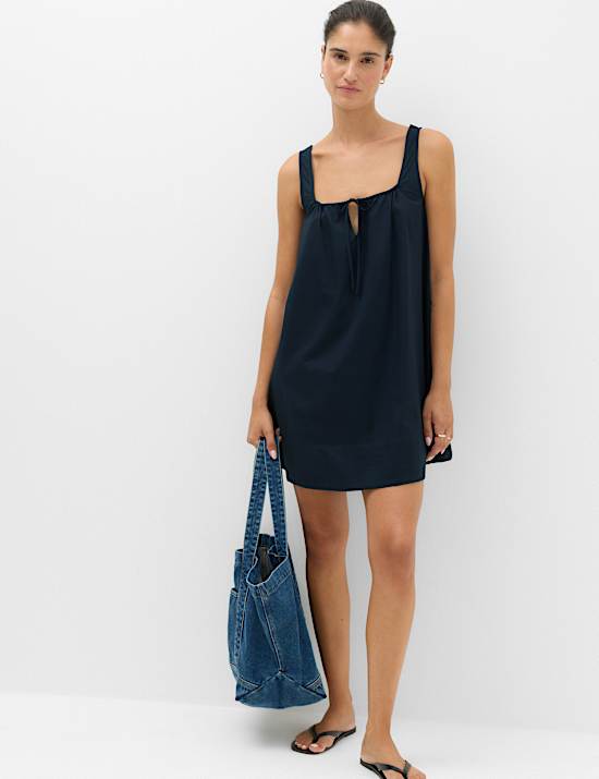 Pure Cotton Tie Front Mini Swing Beach Dress